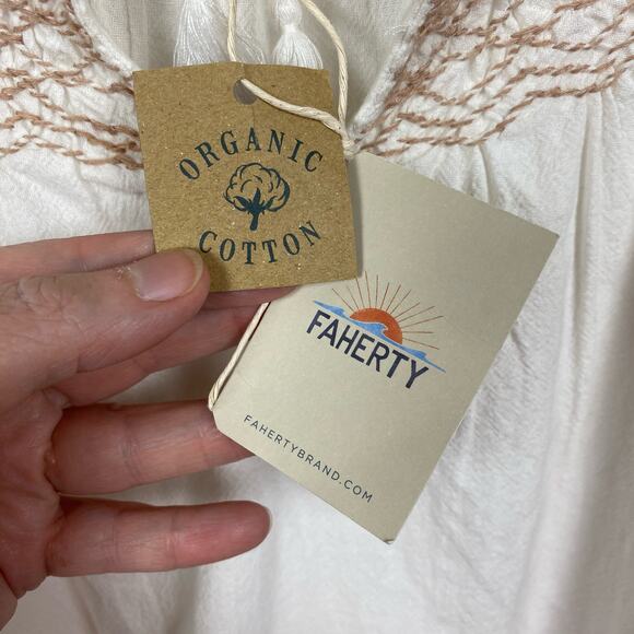 Faherty White Organic Cotton Laura Embroidered Smock Neck Blouse Sz.M NWT - Picture 10 of 16